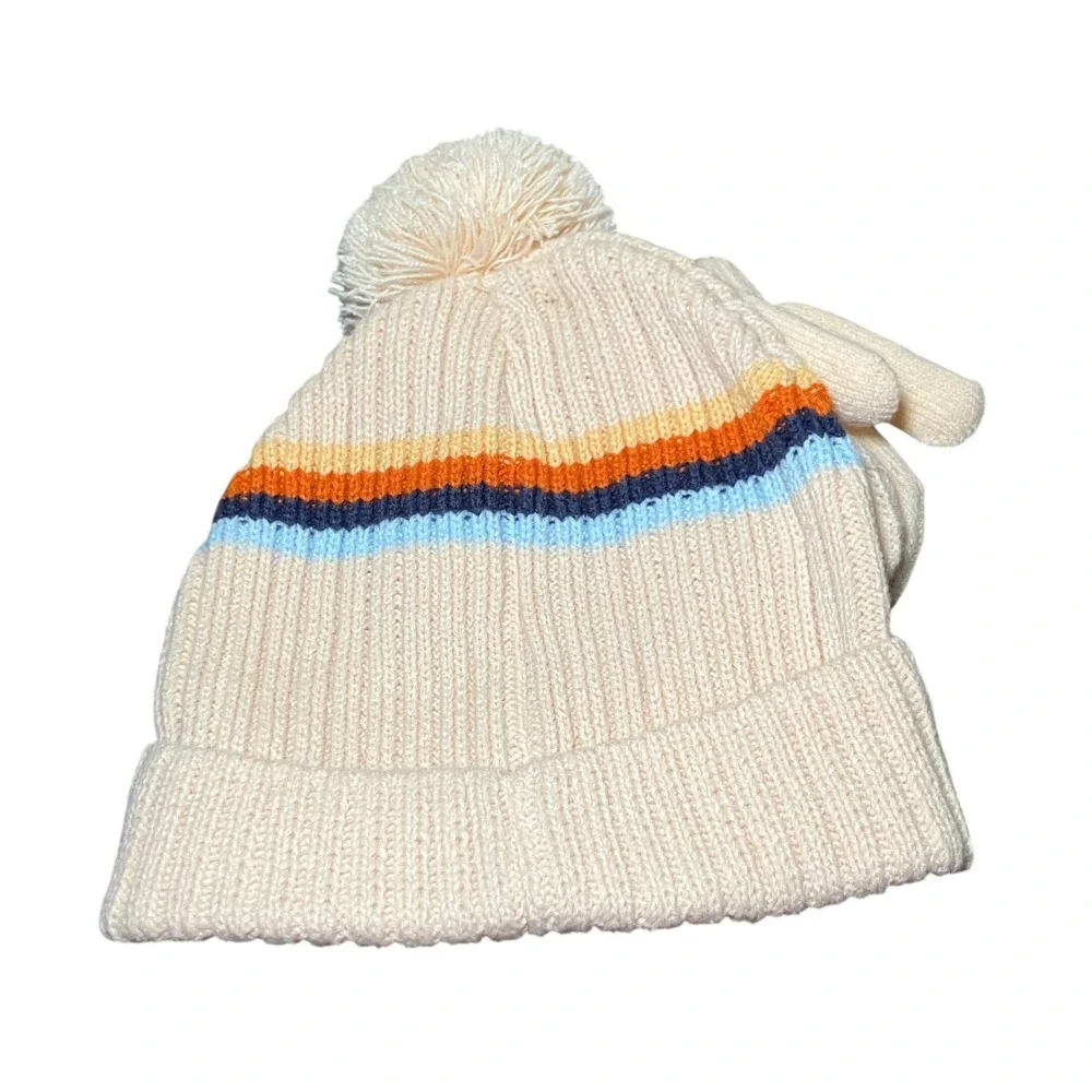 Bluey Knit Beanie Set Kids One Size Off White NEW Pom Hat Mittens Striped 2pc